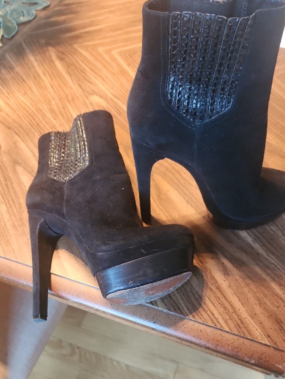 Rachel Zoe Platform Black Suede Ankle Booties with Elastic Python Side Panels - Picture 4 of 5
